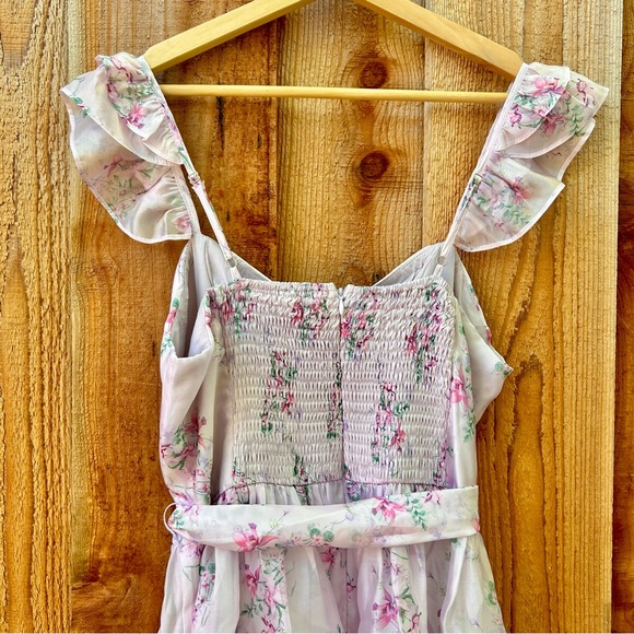 Lilac Pink Floral Ruffled Tiered Bustier Flutter-Sleeve Midi Dress 🌿 - Picture 6 of 11
